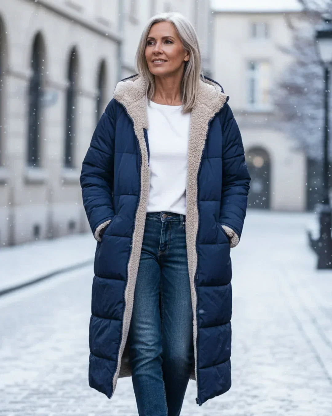 Manteau long matelassé réversible bleu marine, doublure beige en sherpa.