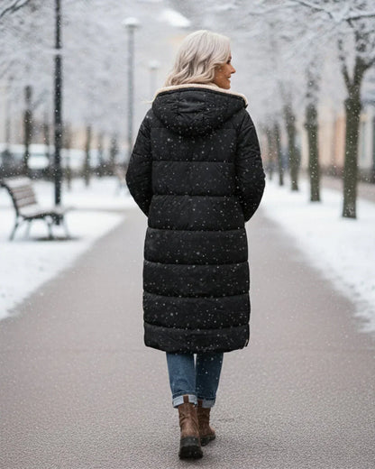 Manteau matelassé long réversible noir, vue de dos, doublure effet mouton beige