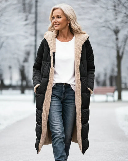 Manteau matelassé long réversible noir, devant ouvert, doublure effet mouton beige