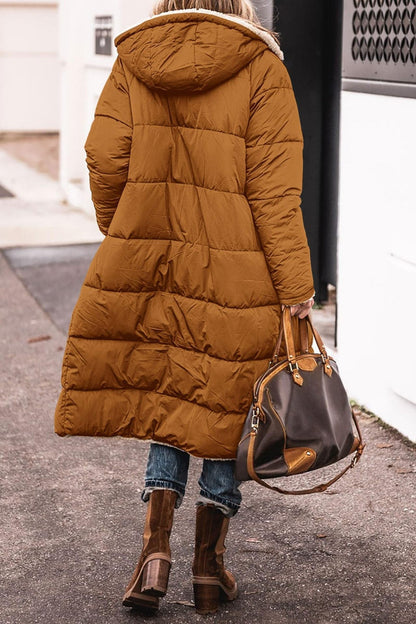 Manteau matelassé long réversible cognac, capuche doublée effet mouton beige