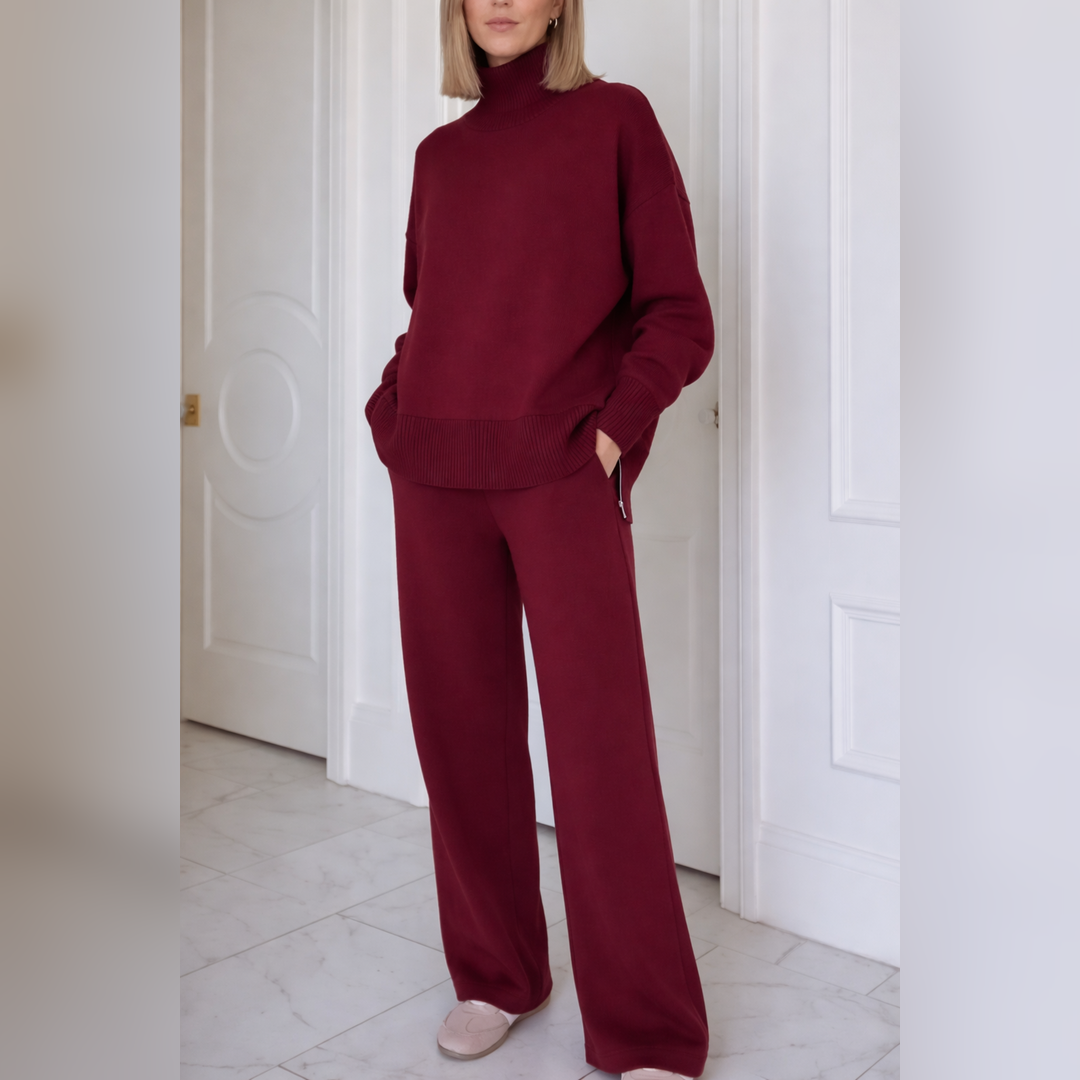 Tenue fluide avec pull ample manches longues et pantalon droit évasé bordeaux