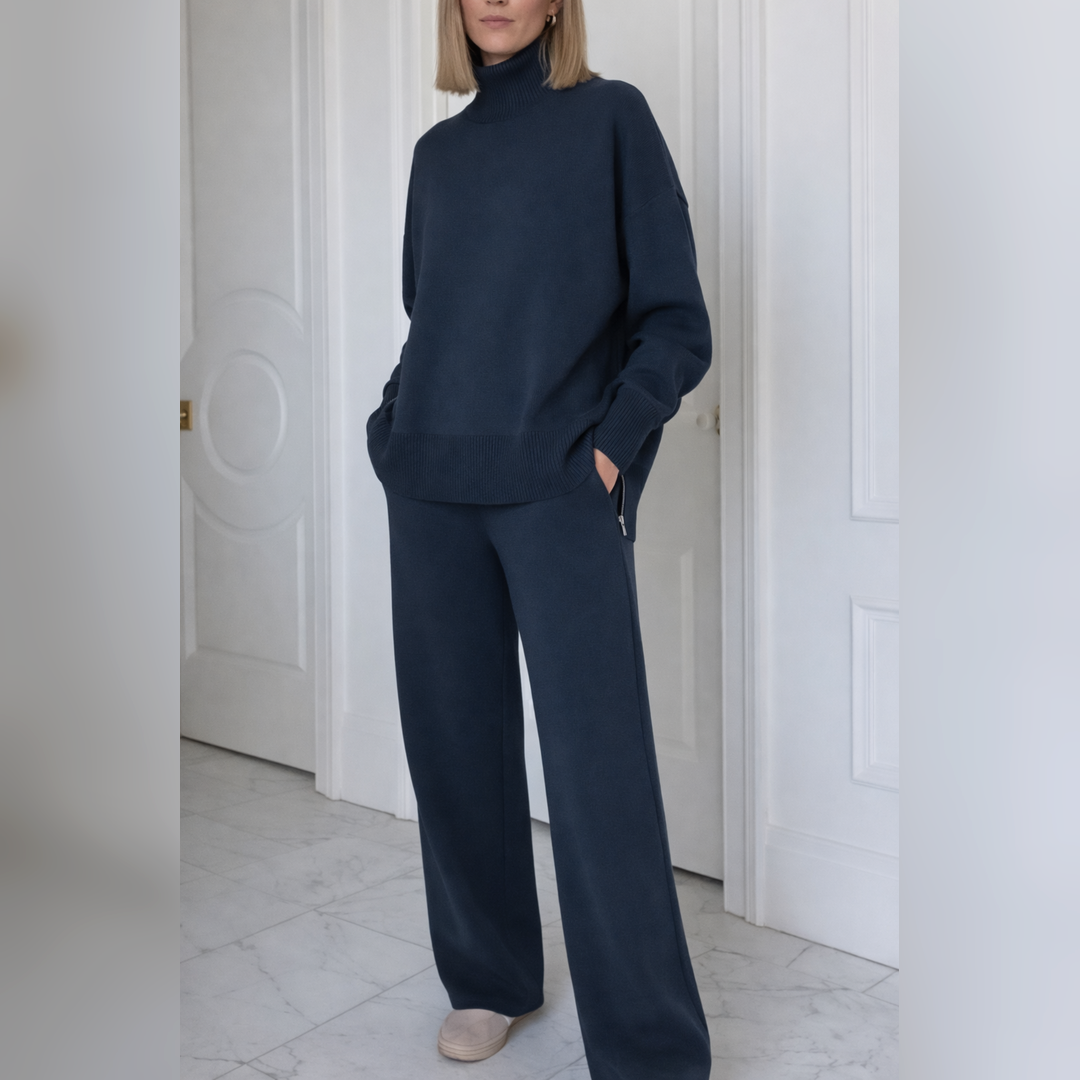 Tenue fluide avec pull ample manches longues et pantalon droit évasé bleu marine