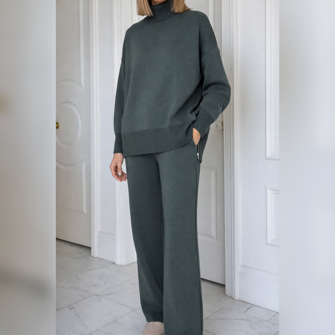 Tenue fluide avec pull ample manches longues et pantalon droit évasé vert foncé