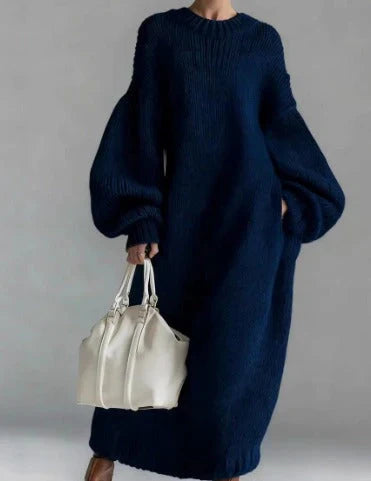 Robe longue bleu marine à manches bouffantes et col rond, manches longues évasées