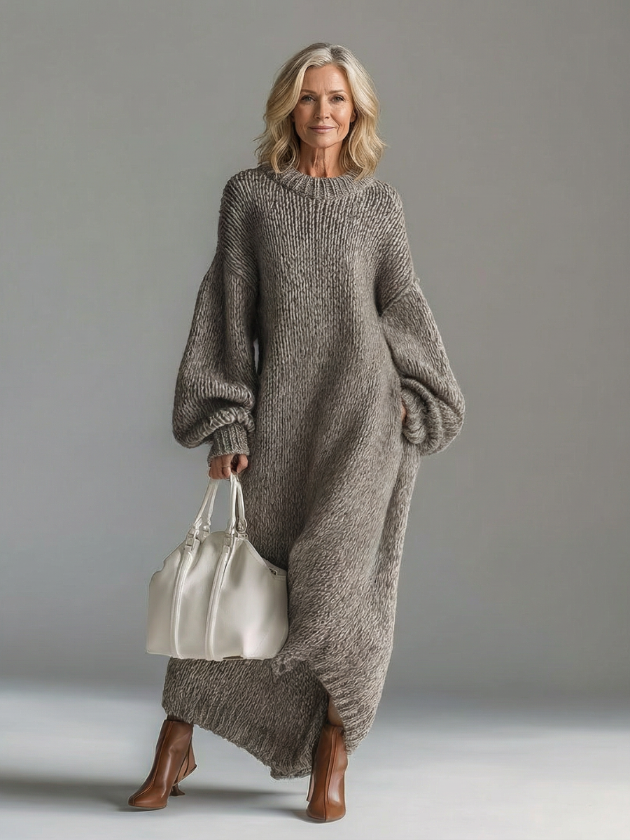 Robe longue en maille texturée gris foncé, encolure ronde côtelée, manches bouffantes.