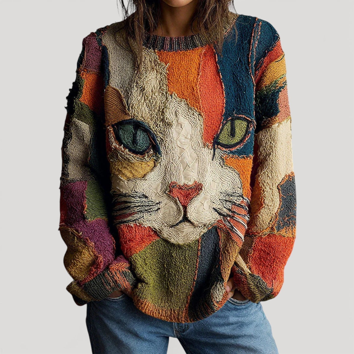 Haut décontracté multicolore à motif chat, encolure ronde et manches longues