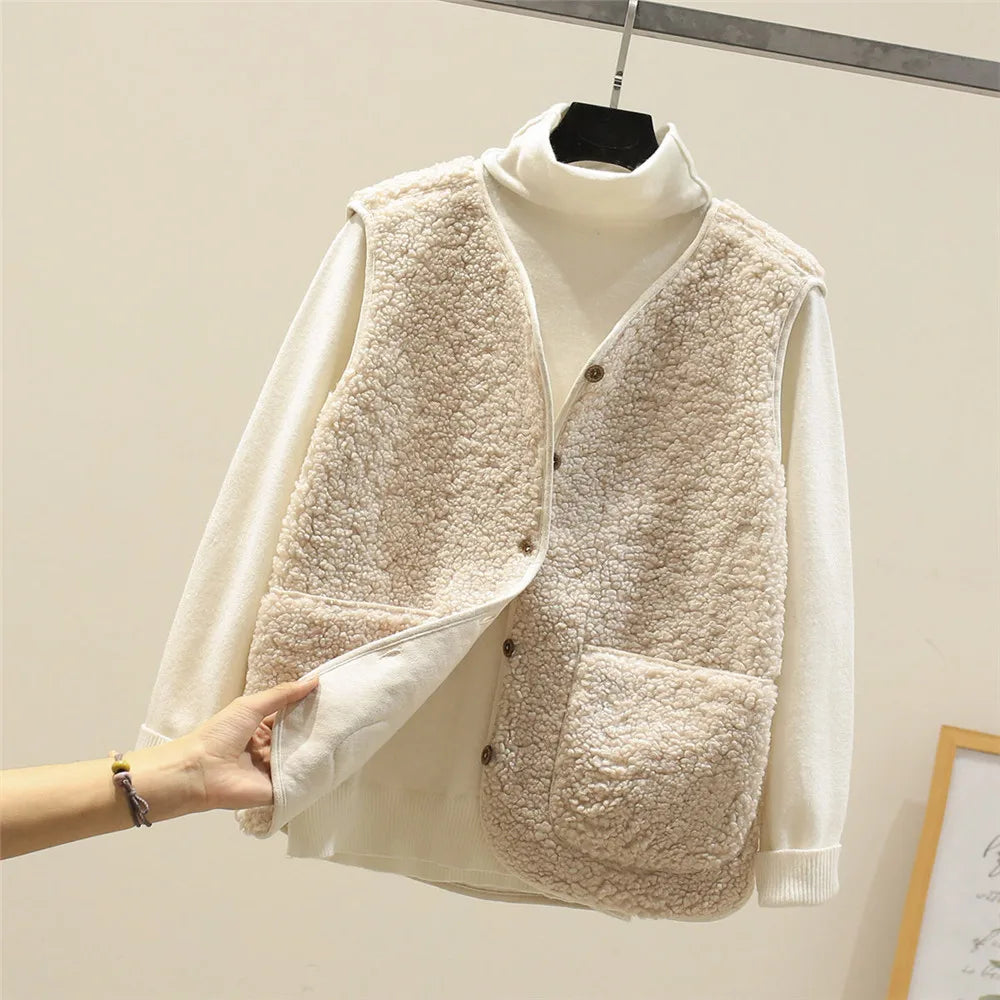 Gilet polaire douillet beige à col montant, fermeture boutonnée, poches sur la poitrine.