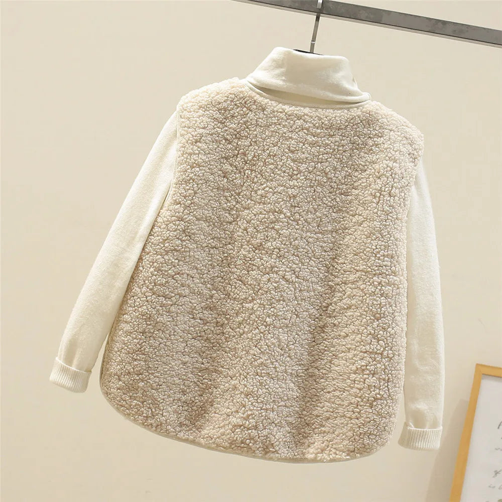 Gilet polaire douillet beige clair, col montant côtelé, porté avec manches tricot.