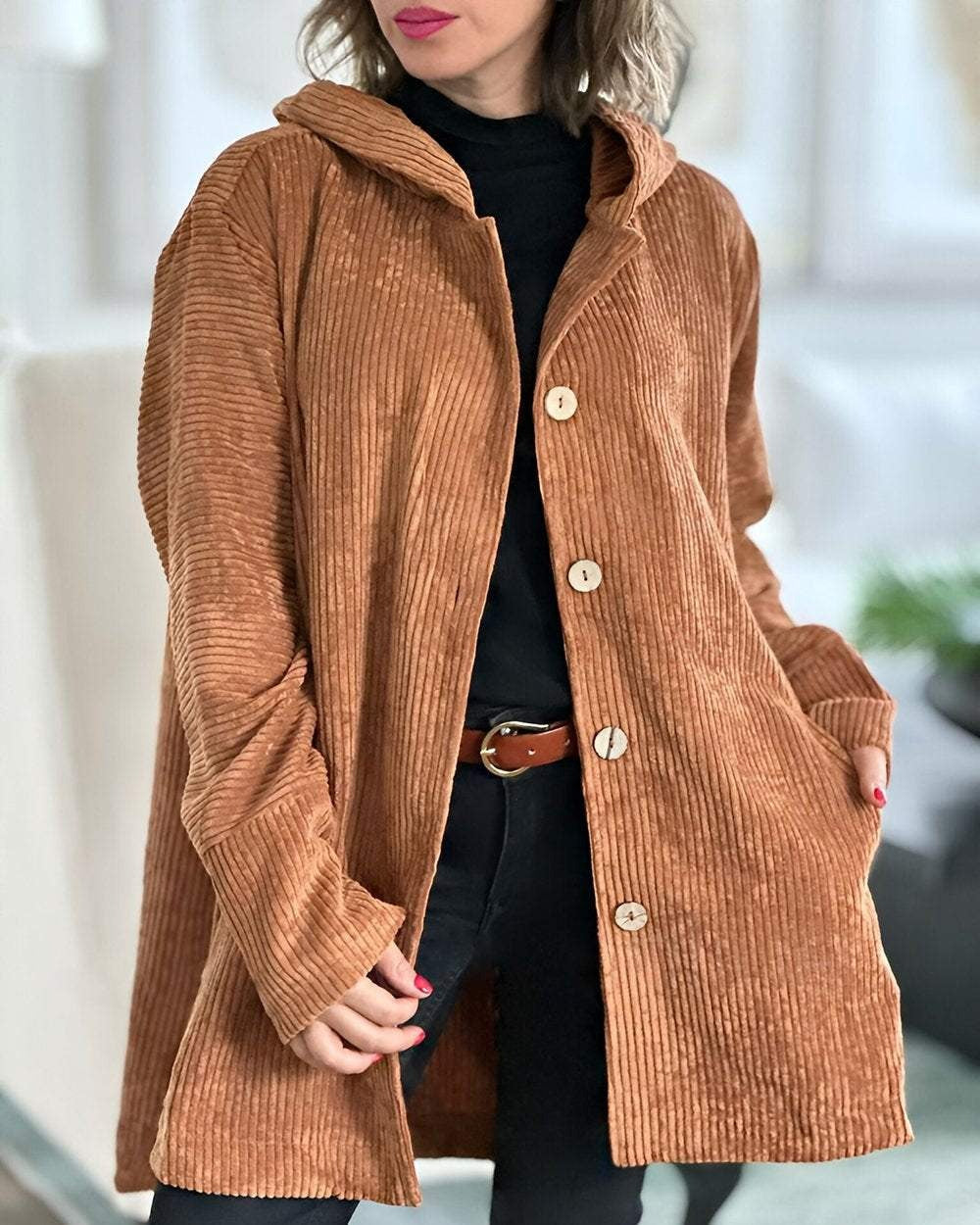 Veste en velours côtelé marron à capuche, manches longues, boutons sur le devant