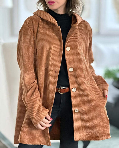 Veste en velours côtelé marron à capuche, manches longues, boutons sur le devant