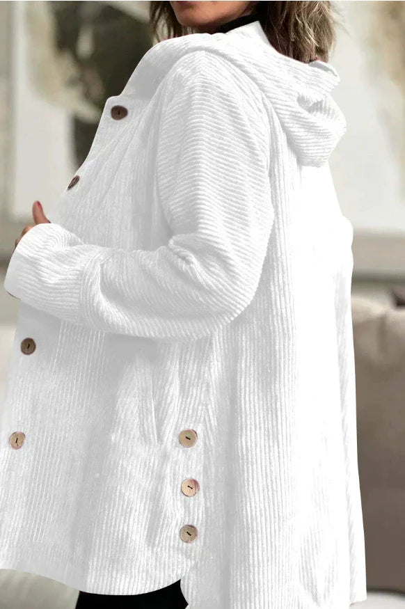 Veste en velours côtelé blanche à capuche, manches longues, boutons dorés