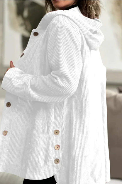 Veste en velours côtelé blanche à capuche, manches longues, boutons dorés