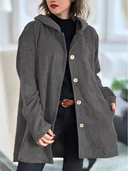 Veste en velours côtelé grise à capuche, fermeture boutonnée, style décontracté