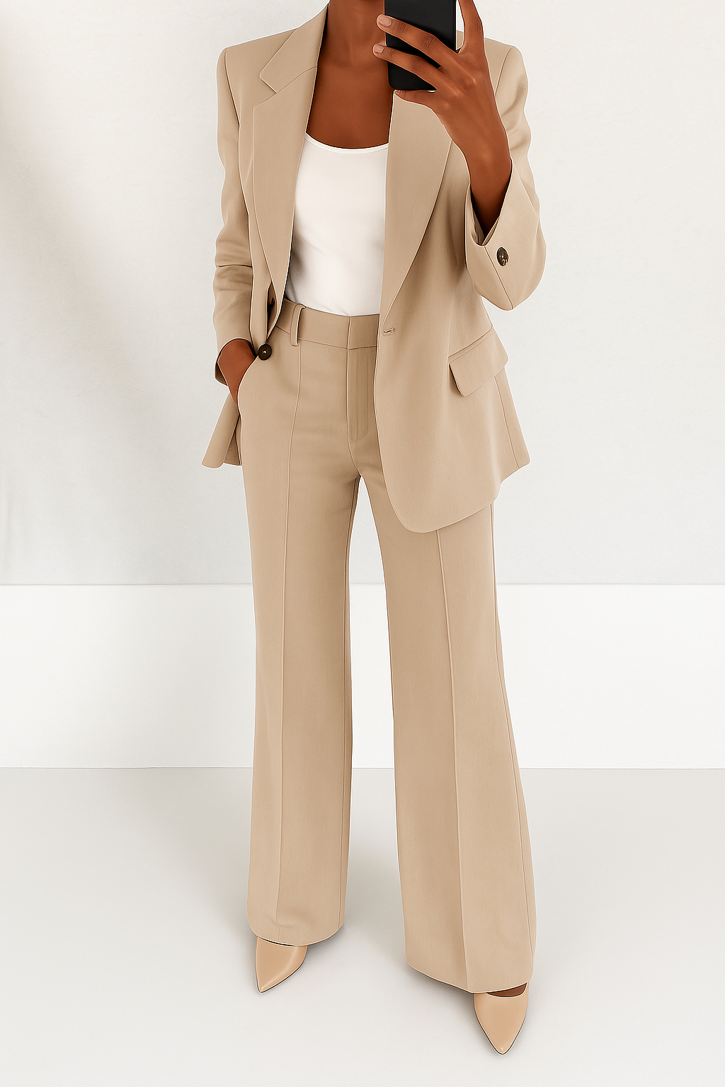 Ensemble costume beige : veste boutonnée et pantalon évasé taille haute