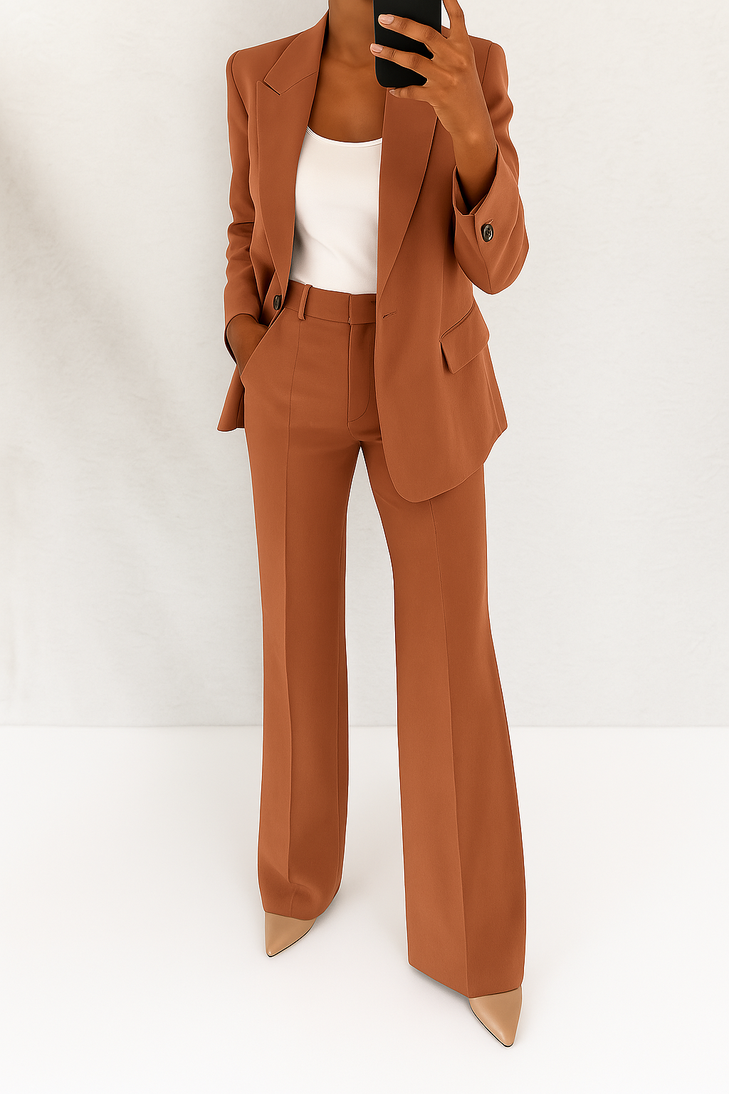 Ensemble costume marron : veste structurée et pantalon taille haute évasé