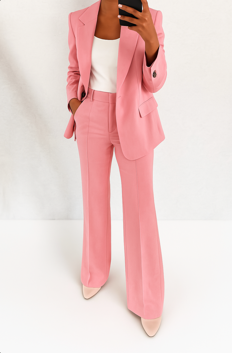 Ensemble costume rose : veste avec revers et pantalon taille haute évasé