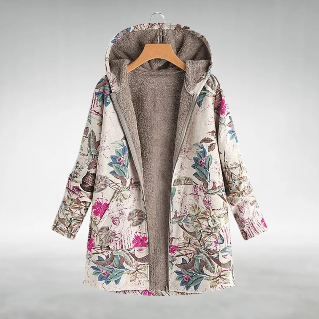 Veste polaire à capuche, fermeture zippée, tissu beige imprimé floral multicolore
