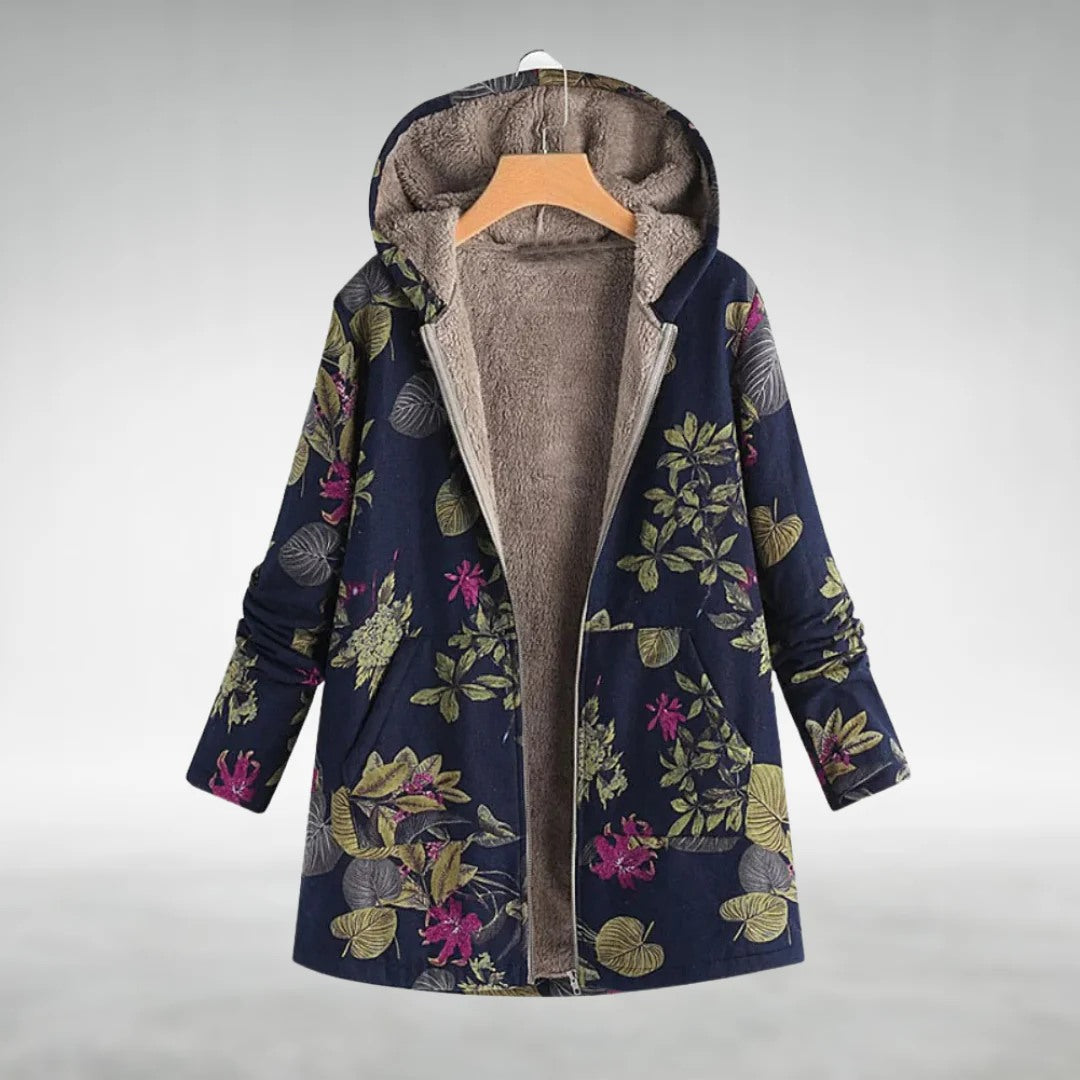 Veste polaire à capuche zippée, fond bleu nuit imprimé feuilles et fleurs colorées