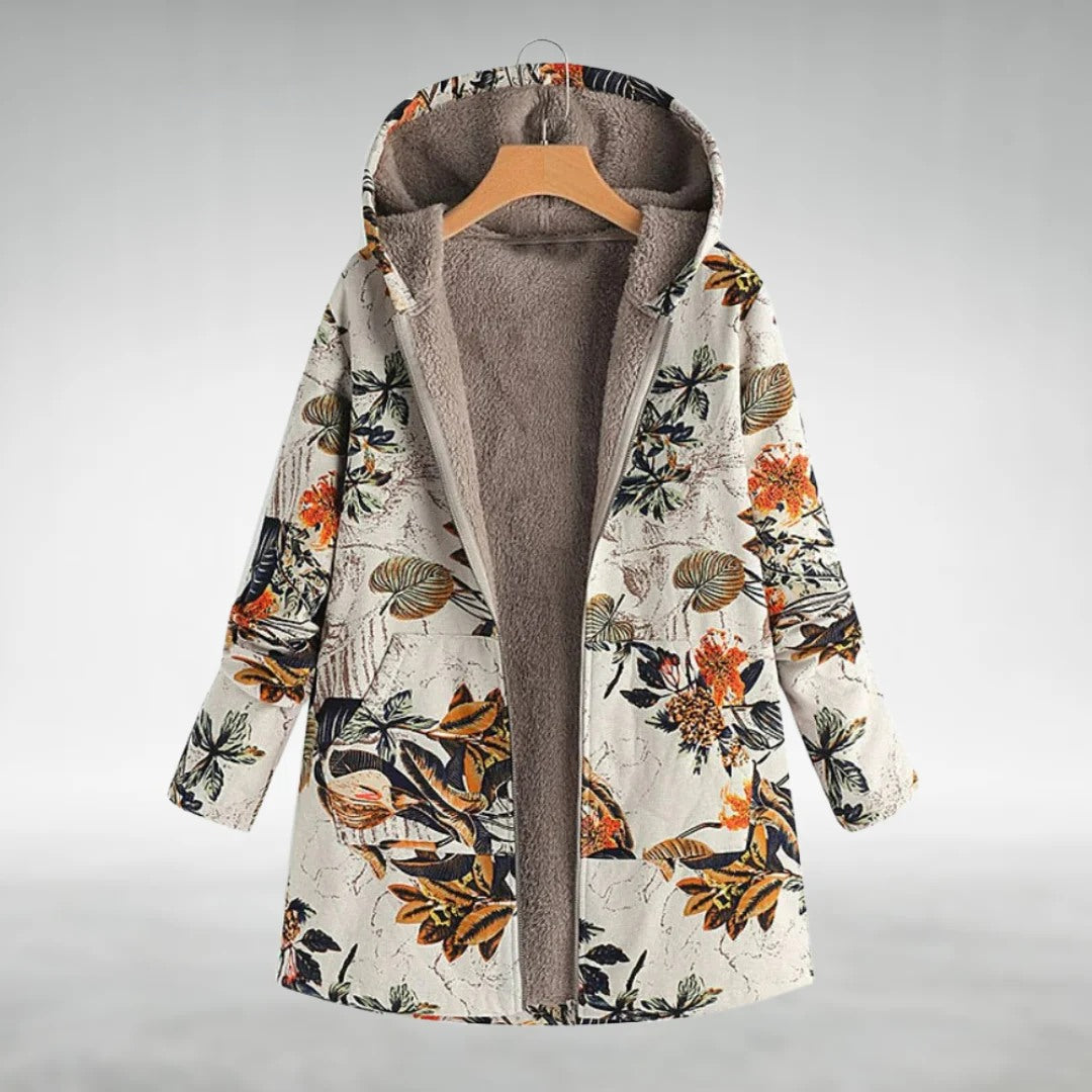 Veste polaire à capuche zippée, fond blanc imprimé oiseaux et fleurs multicolores
