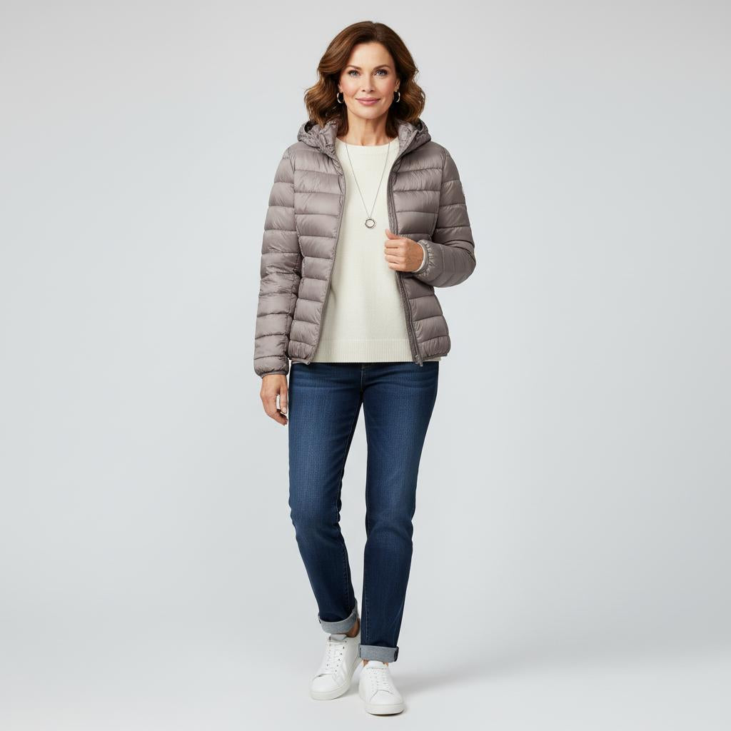 Veste matelassée légère gris taupe à capuche, fermeture zippée, poches