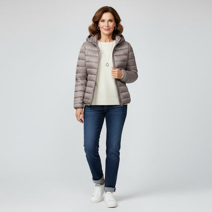 Veste matelassée légère gris taupe à capuche, fermeture zippée, poches