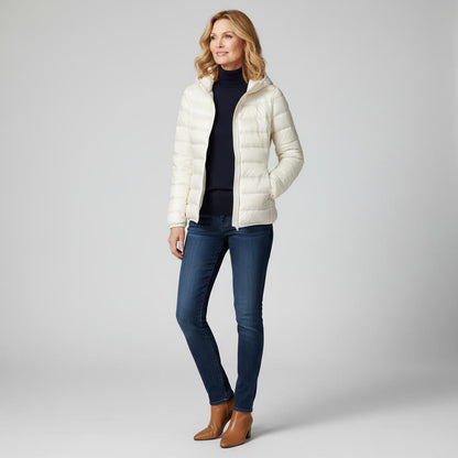 Veste matelassée légère blanche cassée à fermeture zippée, col montant