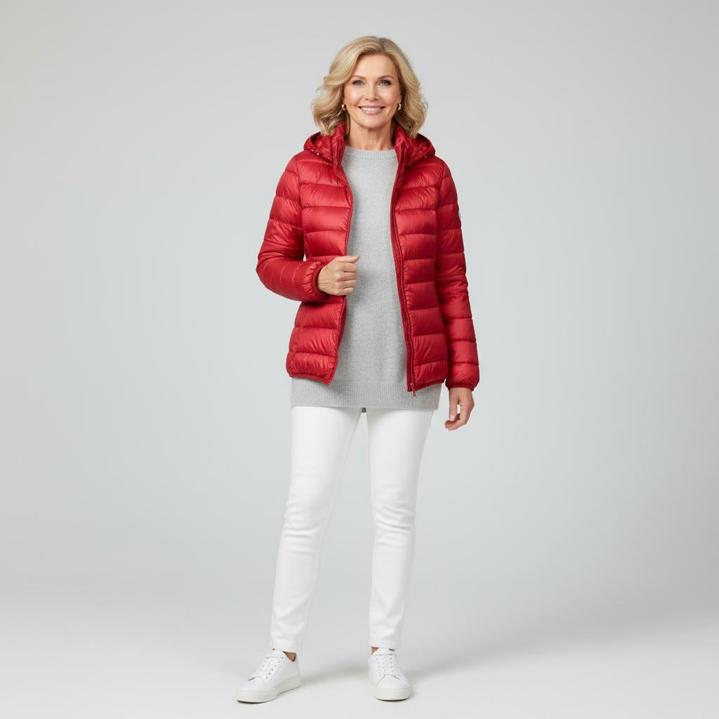 Veste matelassée légère rouge à capuche, fermeture zippée, poches
