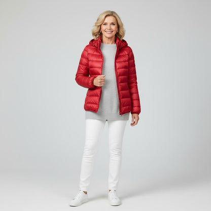 Veste matelassée légère rouge à capuche, fermeture zippée, poches
