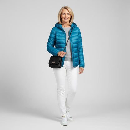 Veste matelassée légère vert menthe à capuche, fermeture zippée, manches longues