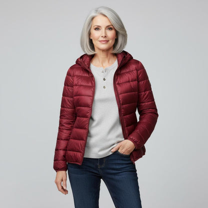Veste matelassée légère bordeaux, fermeture zippée, col montant, manches longues
