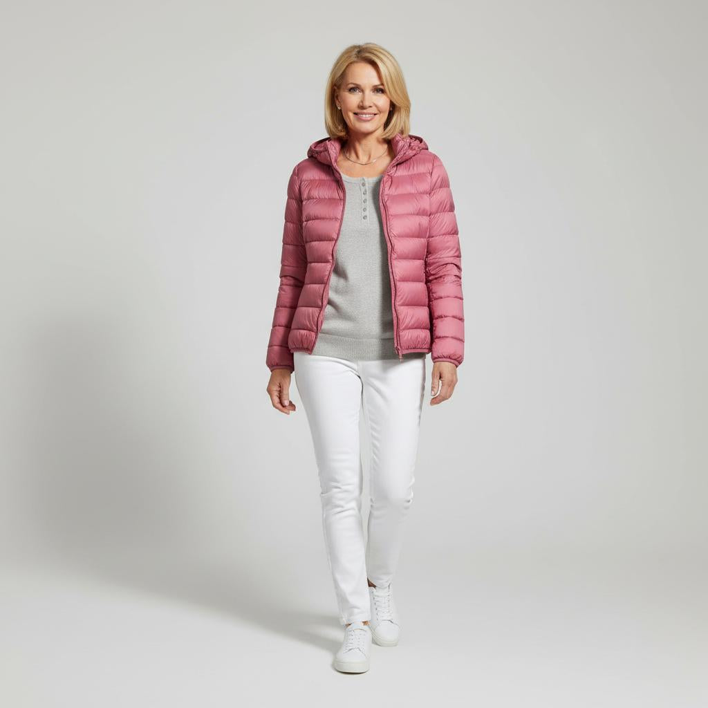 Veste matelassée légère rose vieilli à capuche, fermeture zippée