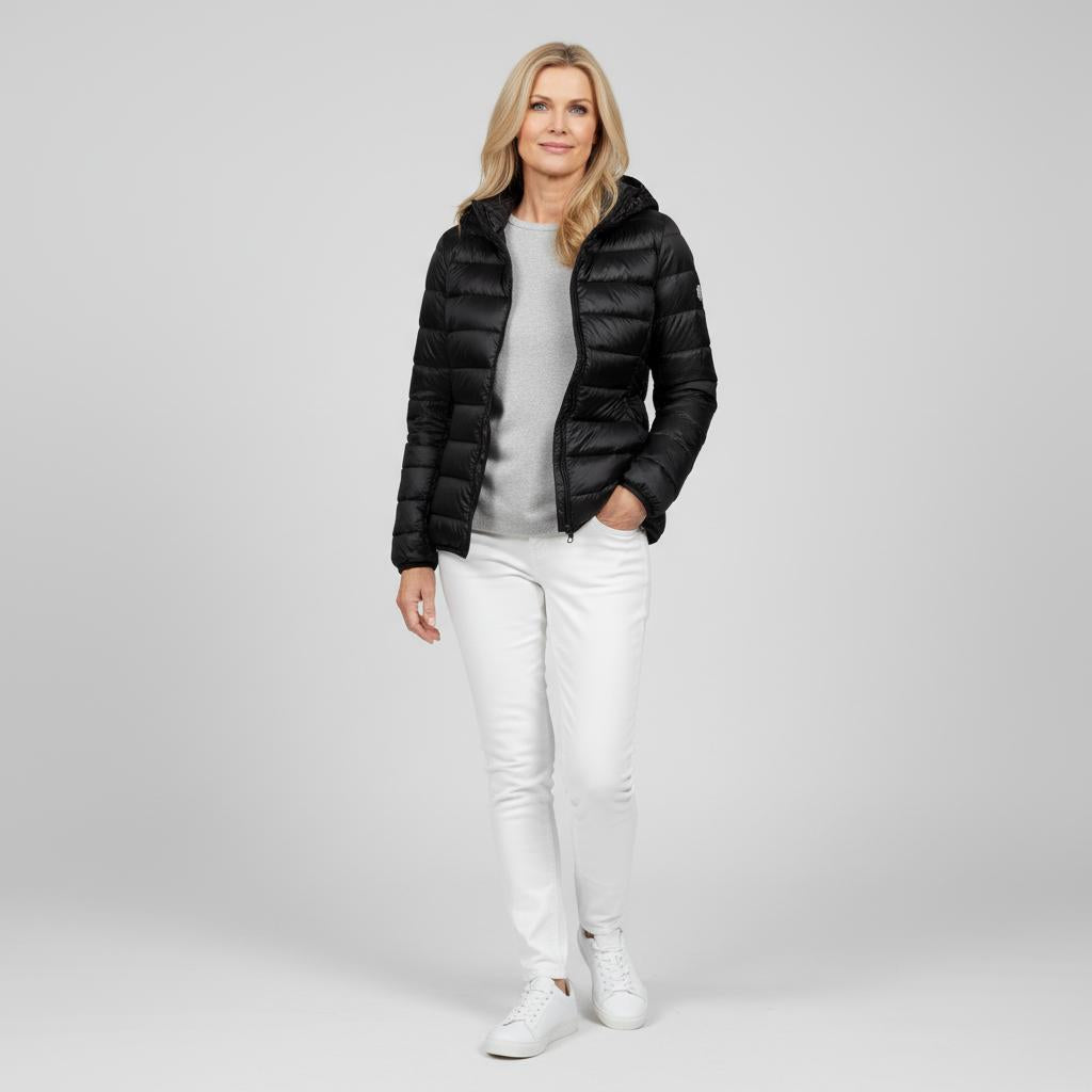 Veste matelassée légère noire à capuche, fermeture zippée, poches