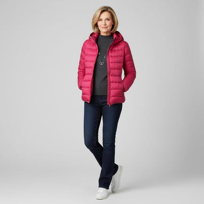 Veste matelassée légère rose fuchsia à capuche, fermeture zippée, manches longues