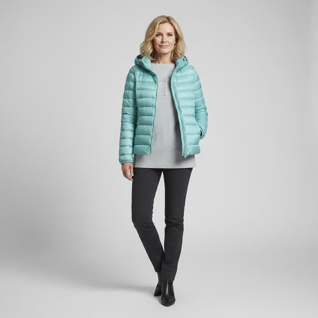 Veste matelassée légère vert menthe à capuche, fermeture zippée