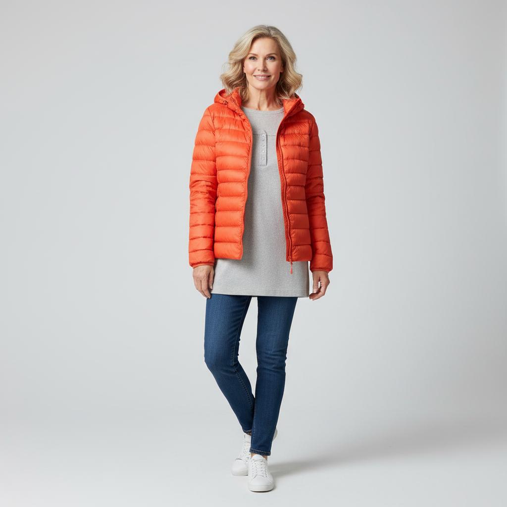 Veste matelassée légère orange à capuche, fermeture zippée, poches