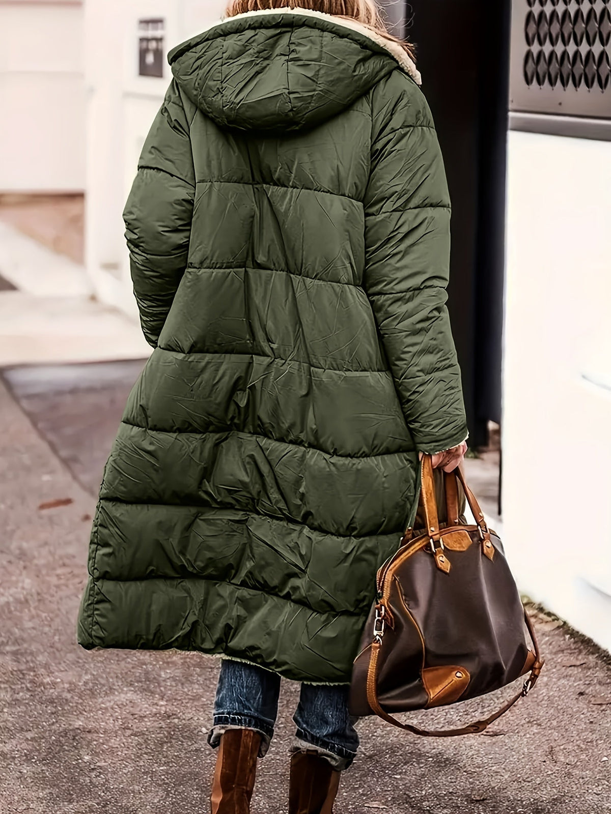 Manteau d’hiver matelassé vert à capuche, doublure imitation peau de mouton