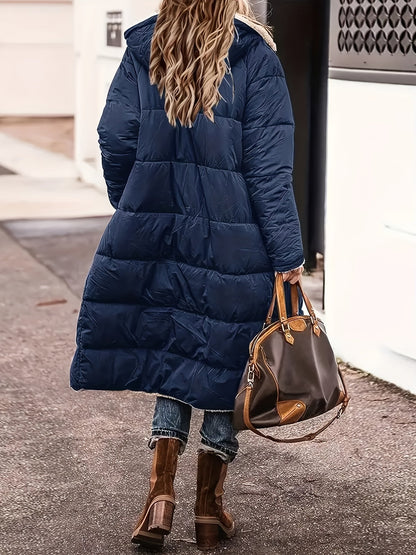 Manteau d’hiver matelassé bleu marine à capuche, doublure imitation peau de mouton
