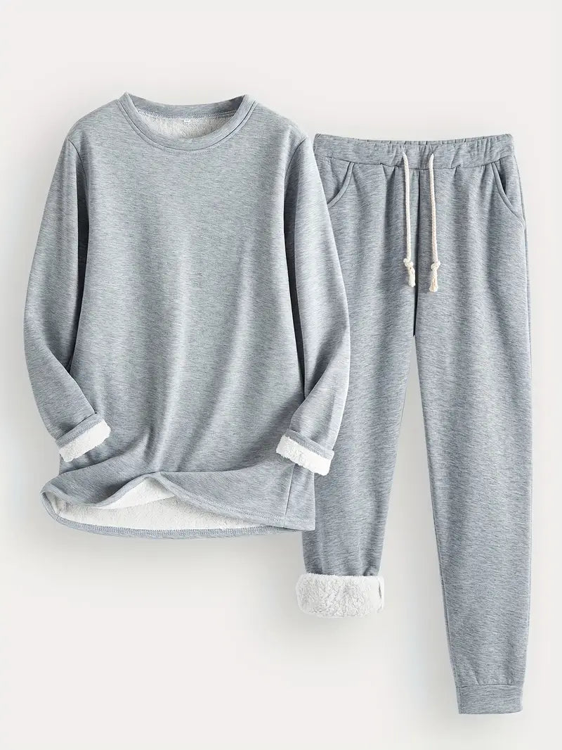 Ensemble lounge : sweat manches longues gris chiné et pantalon jogging à cordon