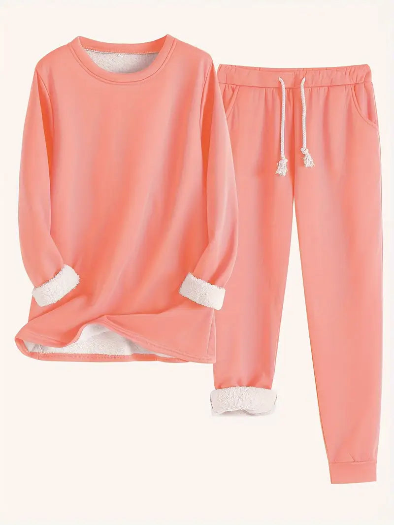 Ensemble lounge : sweat manches longues rose saumon et pantalon jogging à cordon