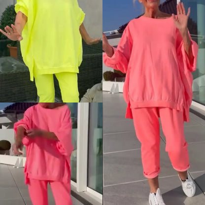 Ensemble détente oversize rose : haut ample manches courtes et pantalon 3/4