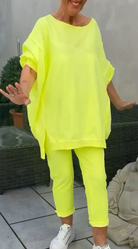 Ensemble détente oversize jaune fluo : haut large manches chauve-souris et legging