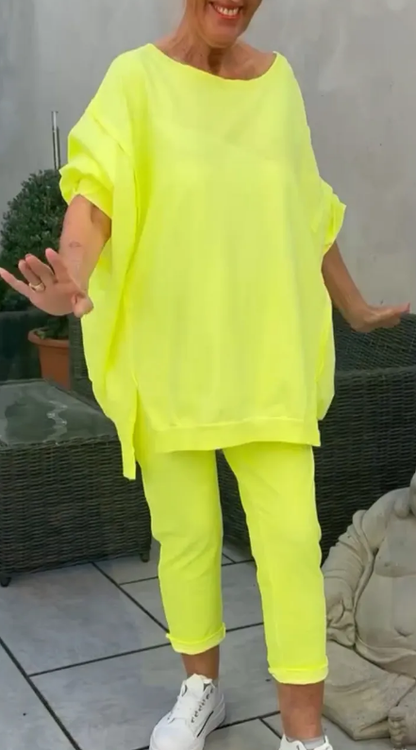 Ensemble détente oversize jaune fluo : haut large manches chauve-souris et legging