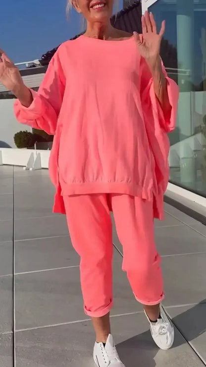 Ensemble détente oversize rose : haut ample à encolure ronde et pantalon 7/8