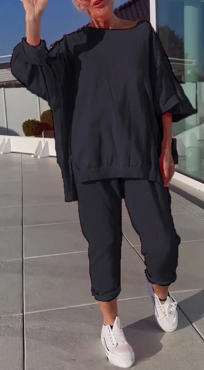 Ensemble détente oversize noir : tunique ample et pantalon ajusté 3/4