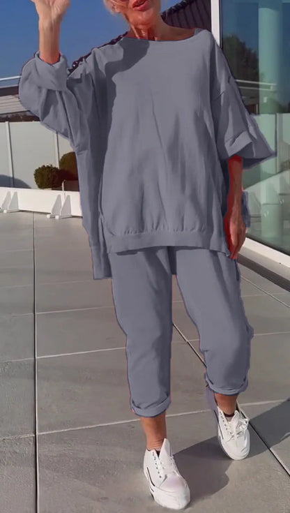 Ensemble détente oversize gris : haut ample drapé et pantalon 3/4 avec revers
