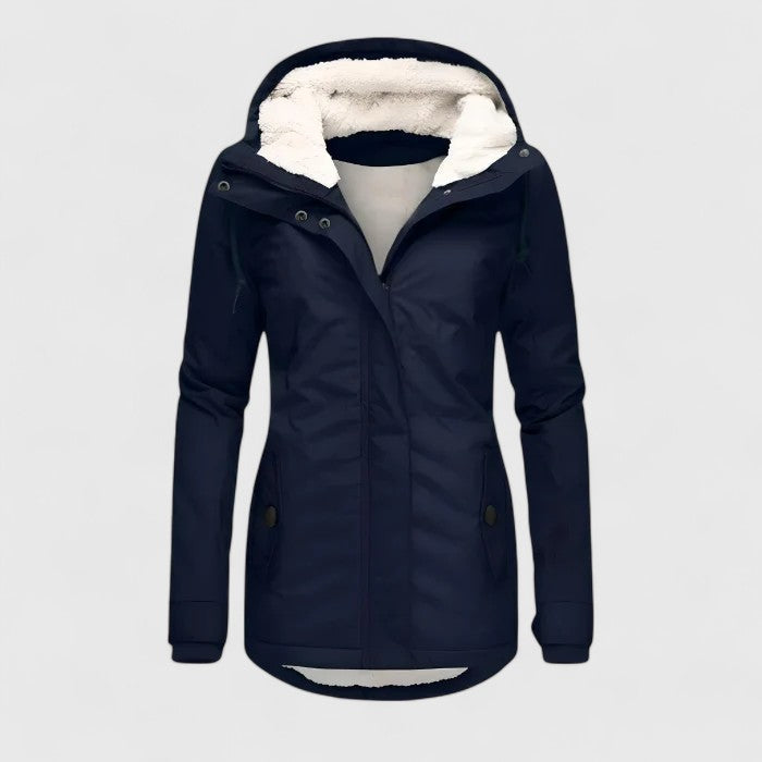 Veste imperméable bleu marine à capuche doublée fourrure, fermeture zippée, poches sur le devant