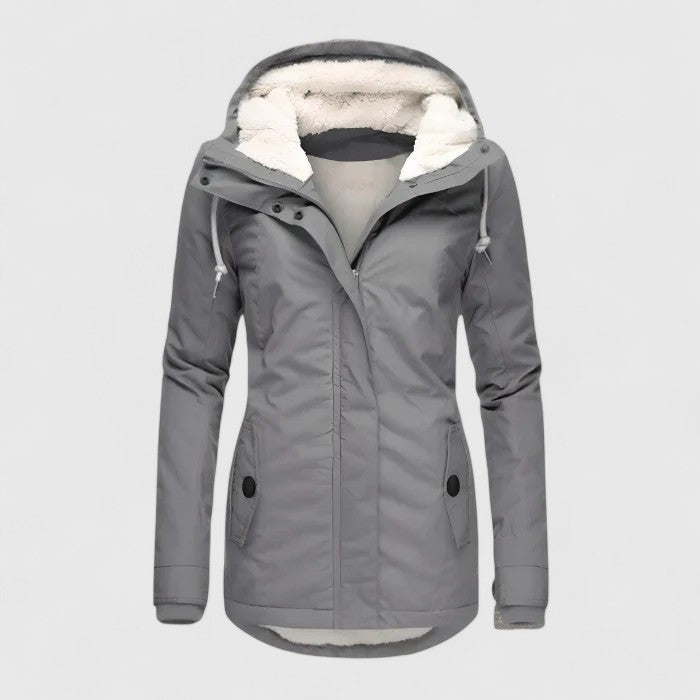 Veste imperméable grise à capuche doublée fourrure, fermeture zippée, poches sur le devant