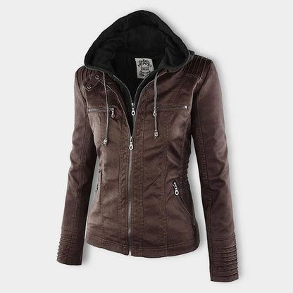Veste de motard marron à capuche, fermeture zippée et coutures décoratives