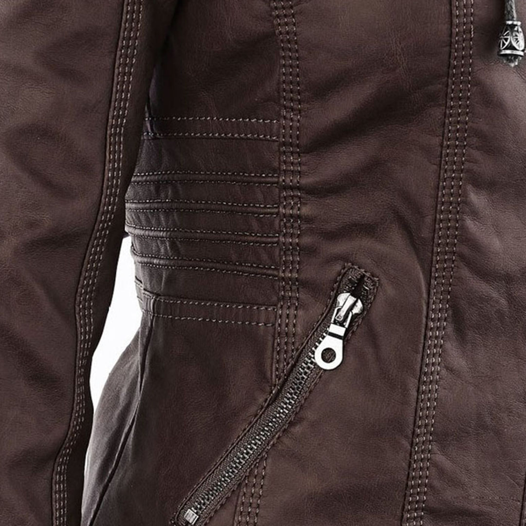 Veste de motard marron, détail couture et petit zip oblique en métal