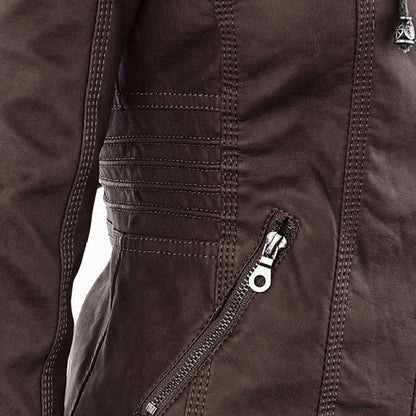 Veste de motard marron, détail couture et petit zip oblique en métal